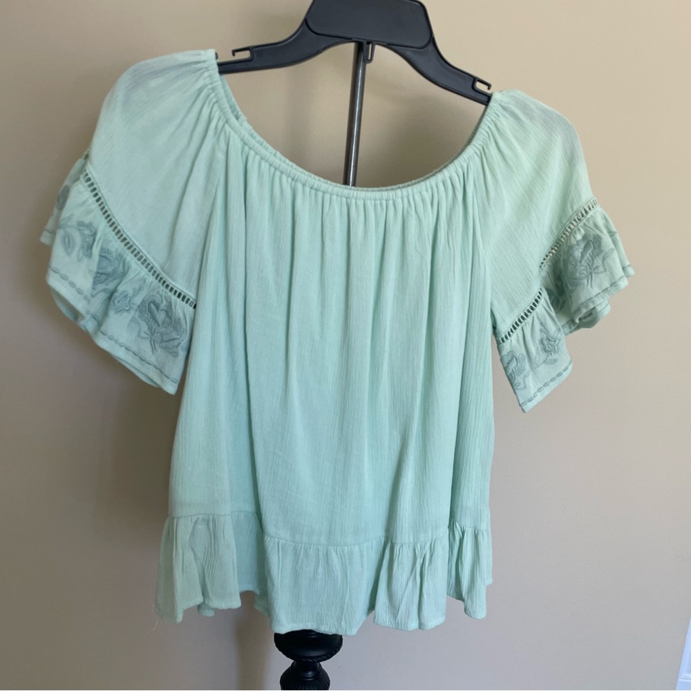 Art Class Green Flutter Sleeve Blouse with Ruffled Details